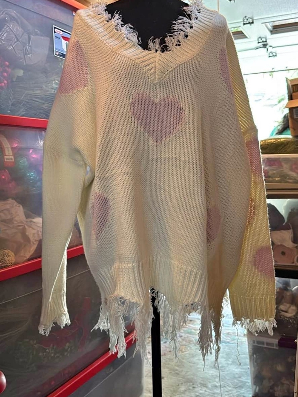Distressed Cream Knit Sweater with Pink Heart Motif